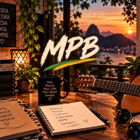 Capa da amostra de estilo MPB: pôr do sol com violão, caderno de letras e ambiente de mesa de bar