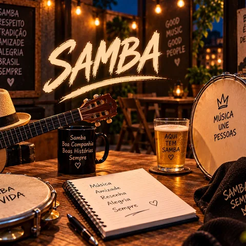 Capa da amostra de estilo samba: arte em tons quentes com clima de roda de samba