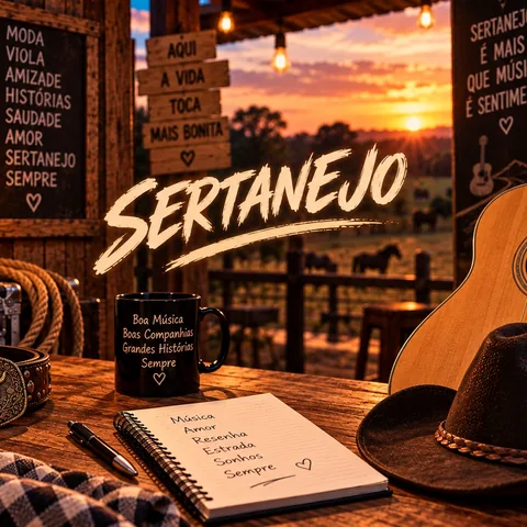 Capa da amostra de estilo sertanejo: mesa de bar com violões, chapéu de couro e cardápio à luz de lanternas