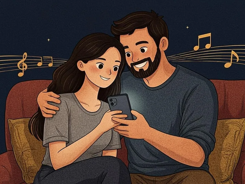 Ilustração de um casal no sofá contando sua história pelo celular, com notas musicais douradas