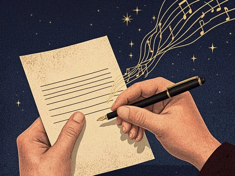 Ilustração de mãos escrevendo uma carta com caneta-tinteiro enquanto notas musicais douradas fluem do papel