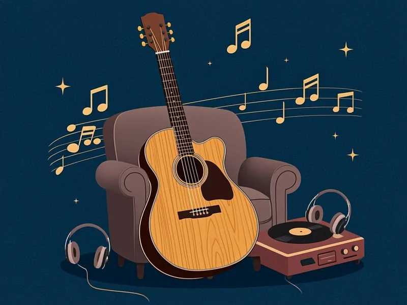 Ilustração de um violão apoiado numa poltrona ao lado de um toca-discos e fones de ouvido, com notas musicais douradas