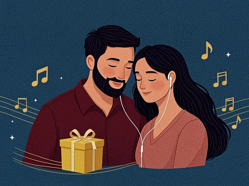 Ilustração de um casal ouvindo música com fones compartilhados ao lado de um presente com laço dourado