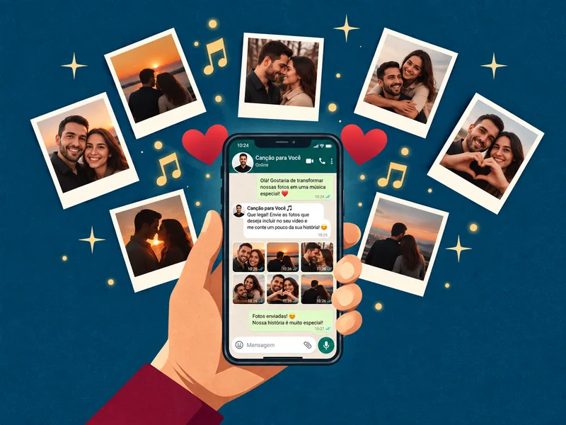 Ilustração de uma mão segurando um celular com uma conversa do WhatsApp enviando fotos das memórias, cercada por fotos polaroid de casais, corações e notas musicais