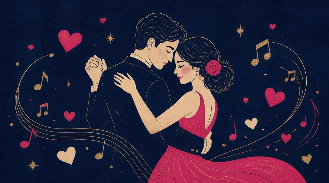 Casal dançando cercado por notas musicais e corações