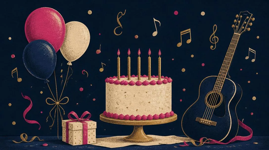 Ilustração festiva de aniversário com bolo e notas musicais
